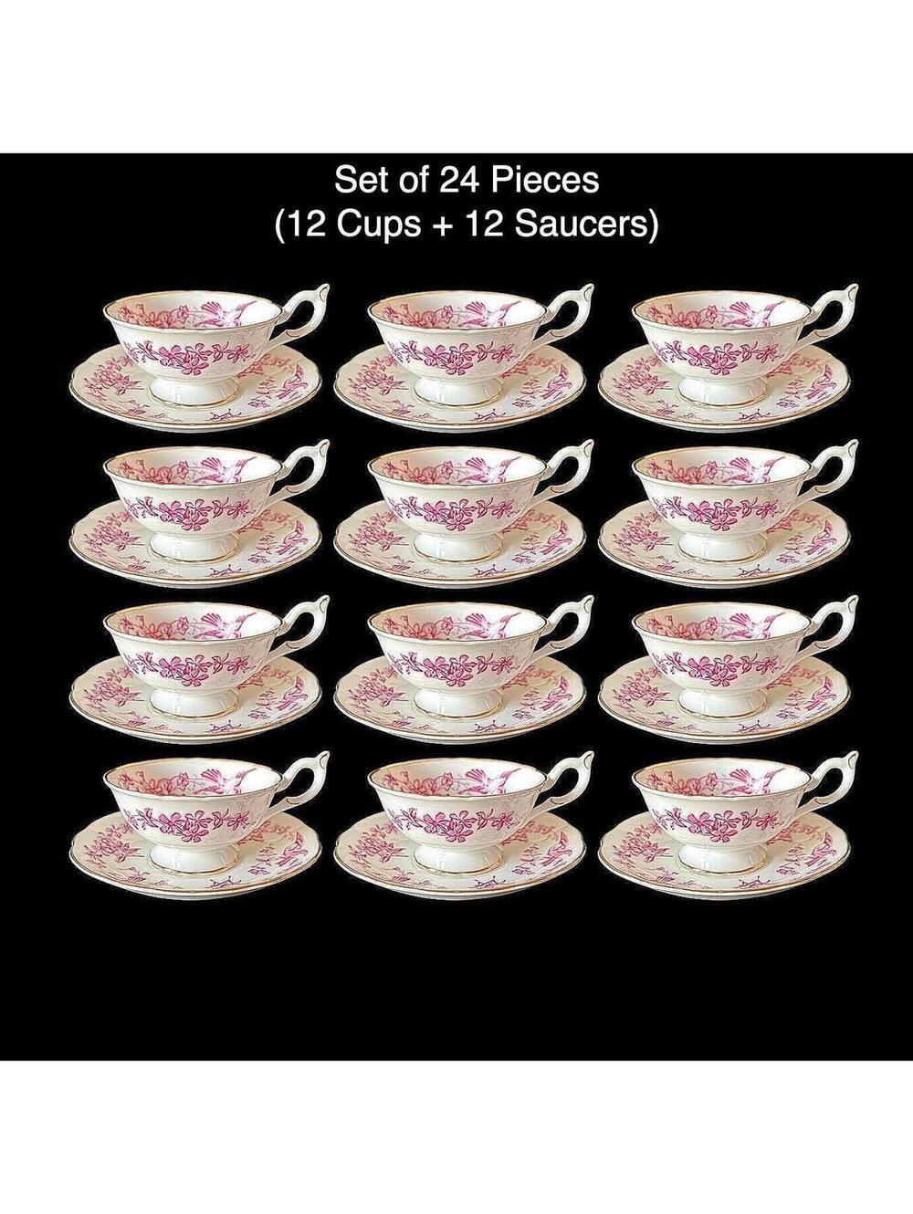 Vintage Coalport Pink Bird Teacups Saucers - Set of 12 - Made In England - 10256